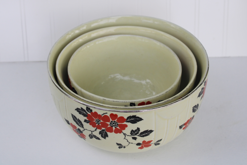 photo of Hall Superior China red poppy pattern mixing bowls, 1940s vintage kitchen bowls nesting stack #7