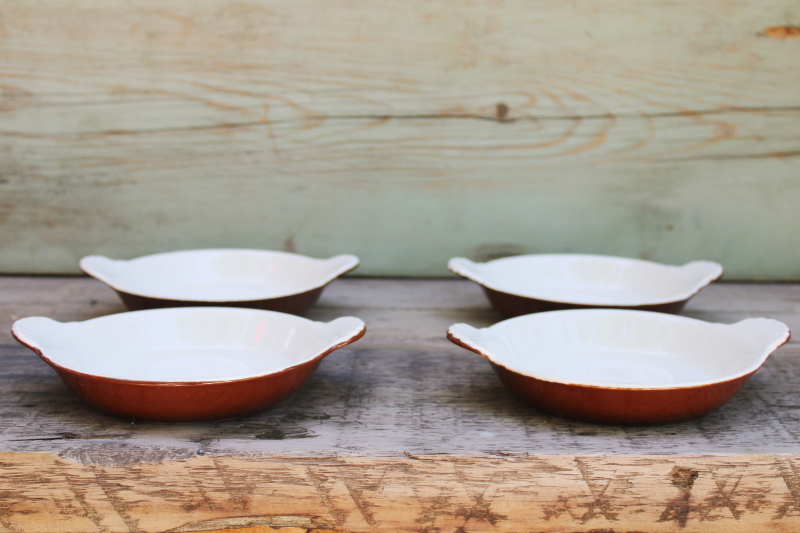 photo of Hall china individual casserole gratin dishes brown glazed white ironstone vintage oven to table china  #1