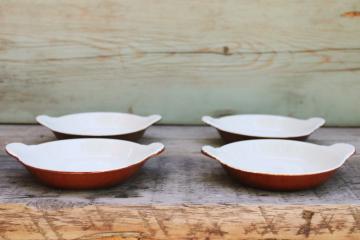 Hall china individual casserole gratin dishes brown glazed white ironstone vintage oven to table china 
