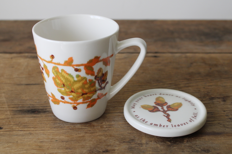 photo of Hallmark Jan Karon autumn leaves fall season print ceramic mug w/ lid trivet  #1