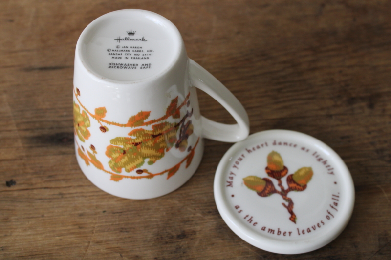 photo of Hallmark Jan Karon autumn leaves fall season print ceramic mug w/ lid trivet #4