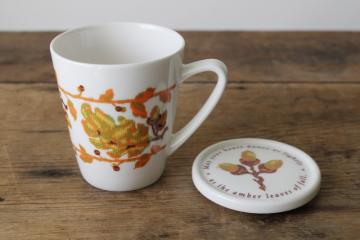 catalog photo of Hallmark Jan Karon autumn leaves fall season print ceramic mug w/ lid trivet 