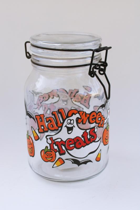 photo of Halloween Treats print glass candy jar, vintage Anchor Hocking bail lid hermetic jar #1