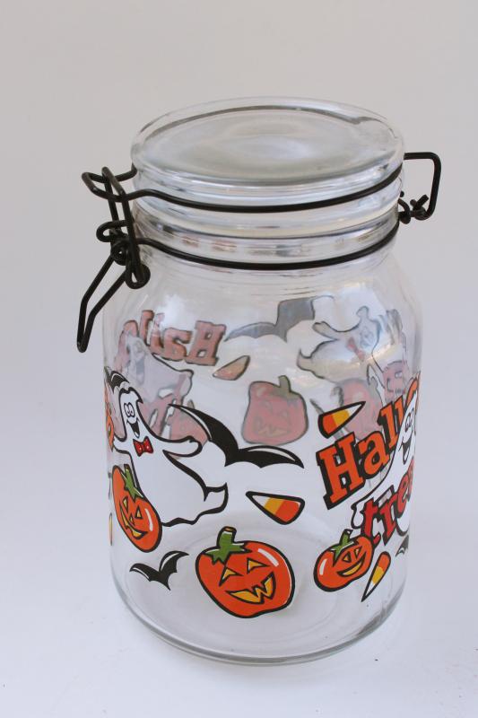 photo of Halloween Treats print glass candy jar, vintage Anchor Hocking bail lid hermetic jar #2