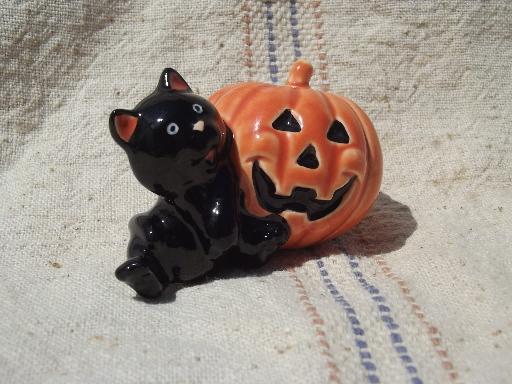 photo of Halloween black cat w/ jack-o-lantern pumpkin, vintage Norcrest-Japan #2