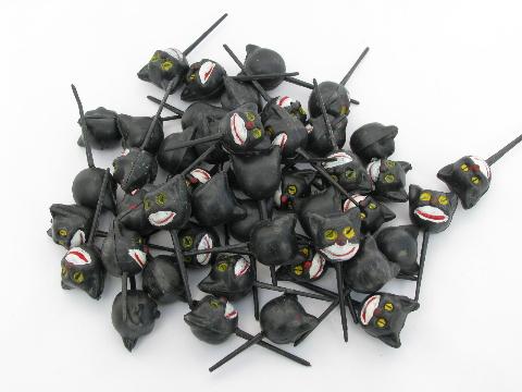 photo of Halloween black cat plastic cupcake picks toppers, vintage cake decorating lot #1