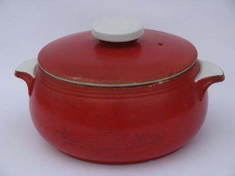 photo of Hall's Superior Kitchenware, vintage stoneware bean pot or casserole, red and white #1
