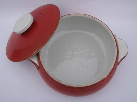 photo of Hall's Superior Kitchenware, vintage stoneware bean pot or casserole, red and white #2