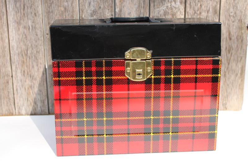 photo of Hamilton Skotch red tartan plaid file box, mid-century vintage tartanware #1