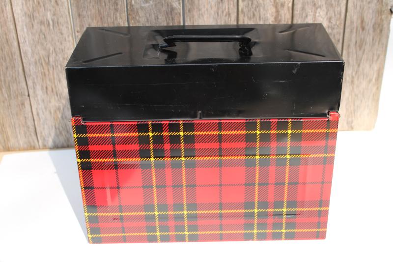 photo of Hamilton Skotch red tartan plaid file box, mid-century vintage tartanware #6