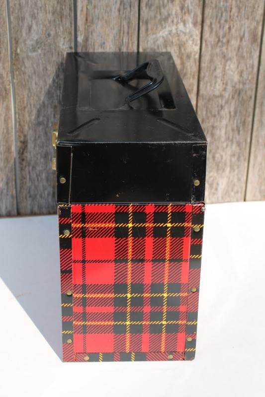 photo of Hamilton Skotch red tartan plaid file box, mid-century vintage tartanware #7