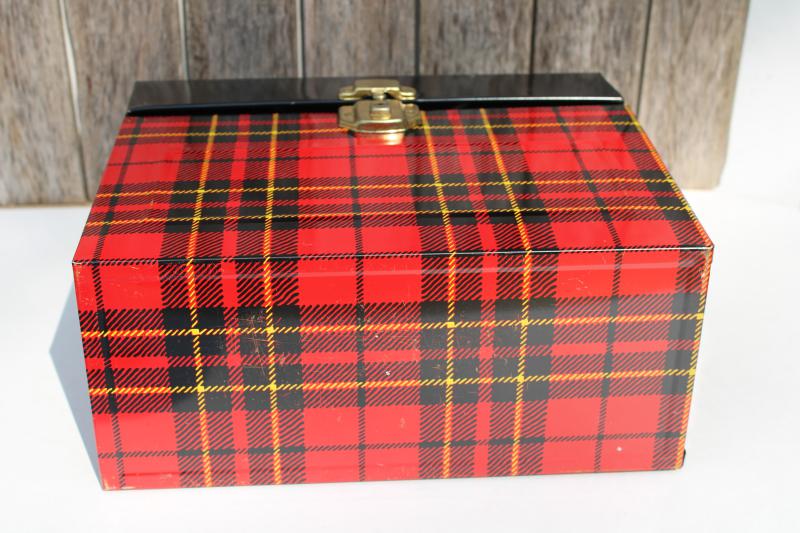 photo of Hamilton Skotch red tartan plaid file box, mid-century vintage tartanware #8