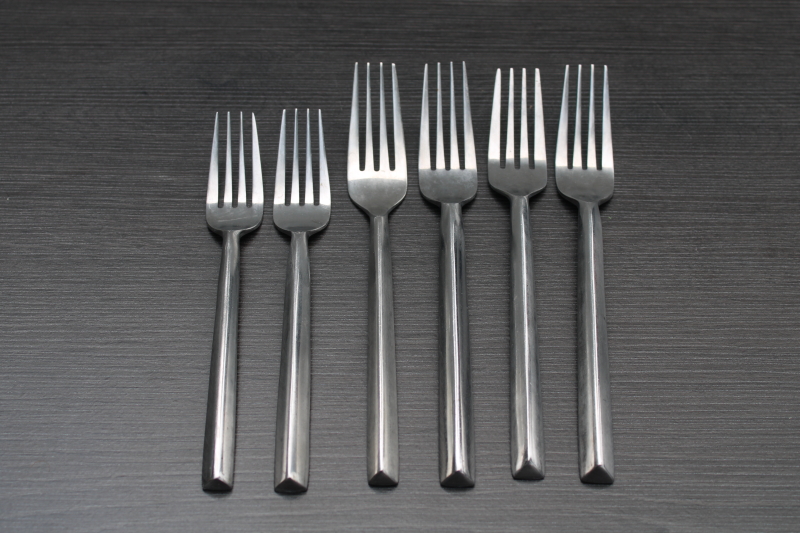 photo of Hampton Forge Pyramid stainless flatware, early 2000s mod angular pattern dinner and salad forks #1