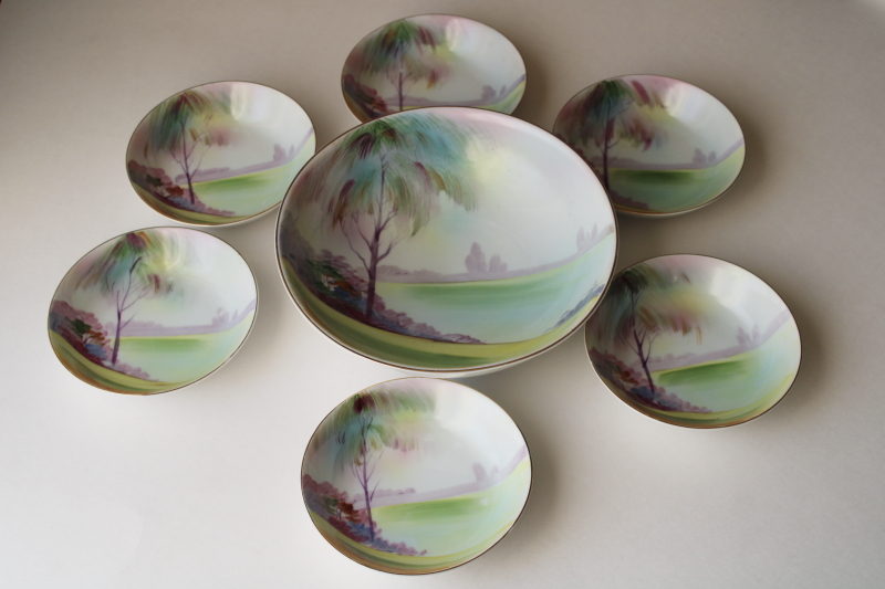 photo of Hand Painted Nippon 1930s vintage china set, tree & lake landscape scene dishes & large bowl  #1
