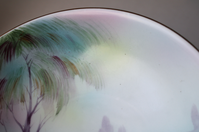 photo of Hand Painted Nippon 1930s vintage china set, tree & lake landscape scene dishes & large bowl  #2