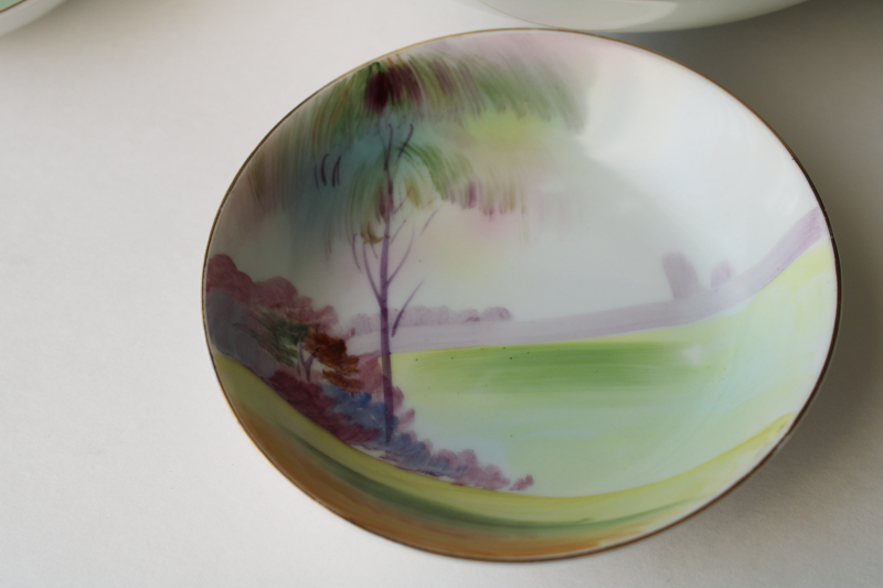 photo of Hand Painted Nippon 1930s vintage china set, tree & lake landscape scene dishes & large bowl  #4