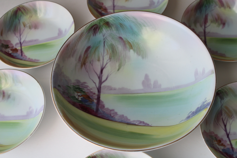 photo of Hand Painted Nippon 1930s vintage china set, tree & lake landscape scene dishes & large bowl  #5