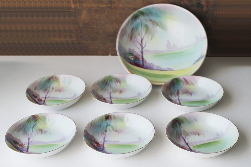 photo of Hand Painted Nippon 1930s vintage china set, tree & lake landscape scene dishes & large bowl  #8
