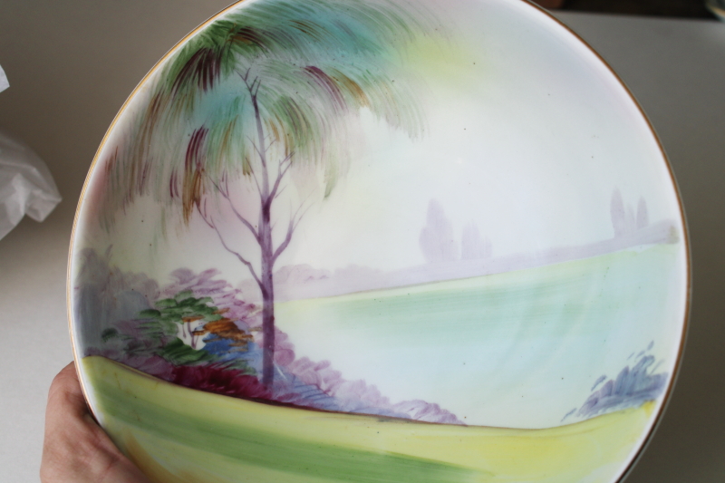 photo of Hand Painted Nippon 1930s vintage china set, tree & lake landscape scene dishes & large bowl  #11