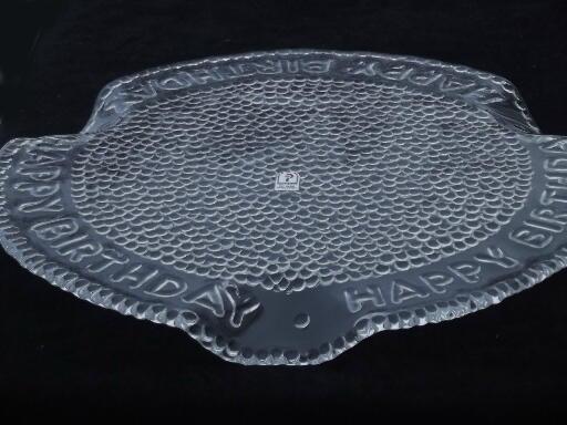 photo of Happy Birthday glass cake plate, vintage Pilgrim glass cake plate w/ label #7