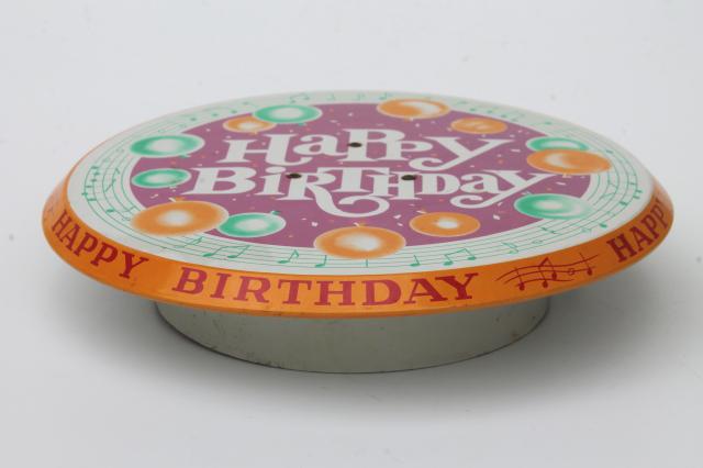 photo of Happy Birthday revolving musical cake stand, vintage litho print metal cake pedestal music box #1