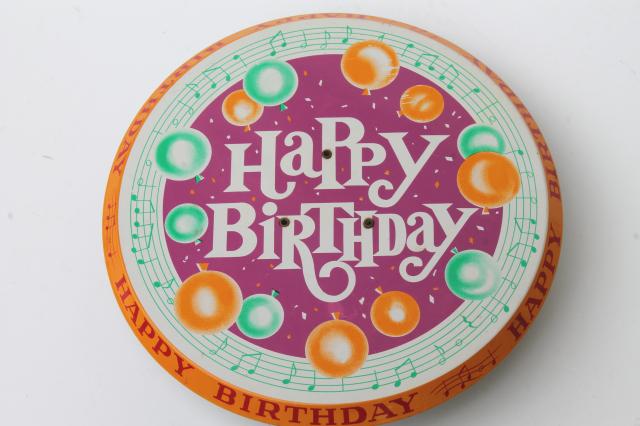 photo of Happy Birthday revolving musical cake stand, vintage litho print metal cake pedestal music box #2
