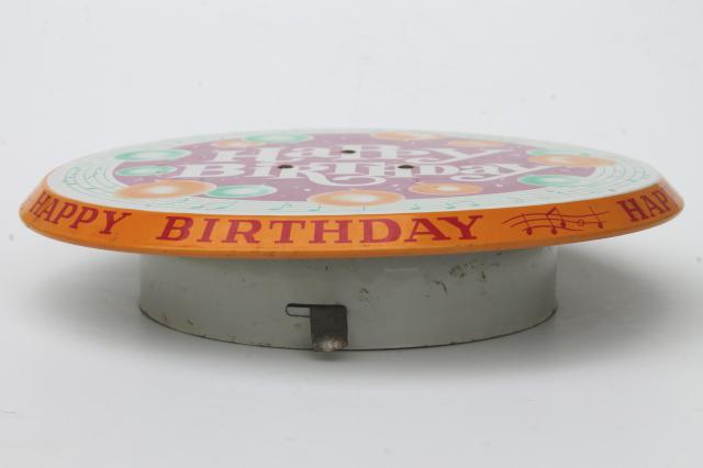 photo of Happy Birthday revolving musical cake stand, vintage litho print metal cake pedestal music box #5