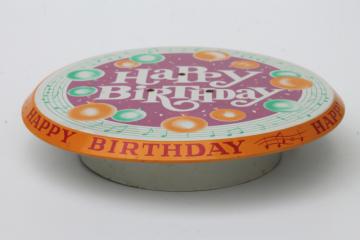 catalog photo of Happy Birthday revolving musical cake stand, vintage litho print metal cake pedestal music box