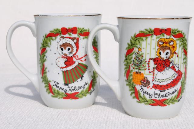 photo of Happy Holidays & Merry Christmas mouse lady tea or coffee mugs, 70s vintage Japan #1