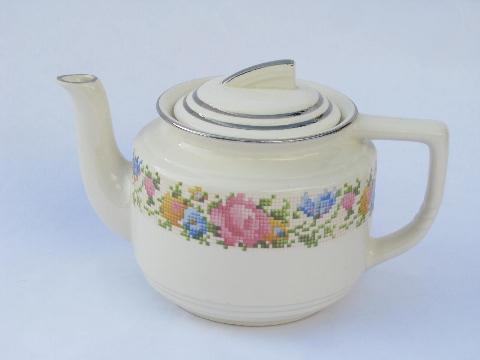 photo of Harker HotOven, vintage oven proof pottery teapot, petit point flowers #1