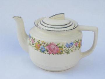 catalog photo of Harker HotOven, vintage oven proof pottery teapot, petit point flowers