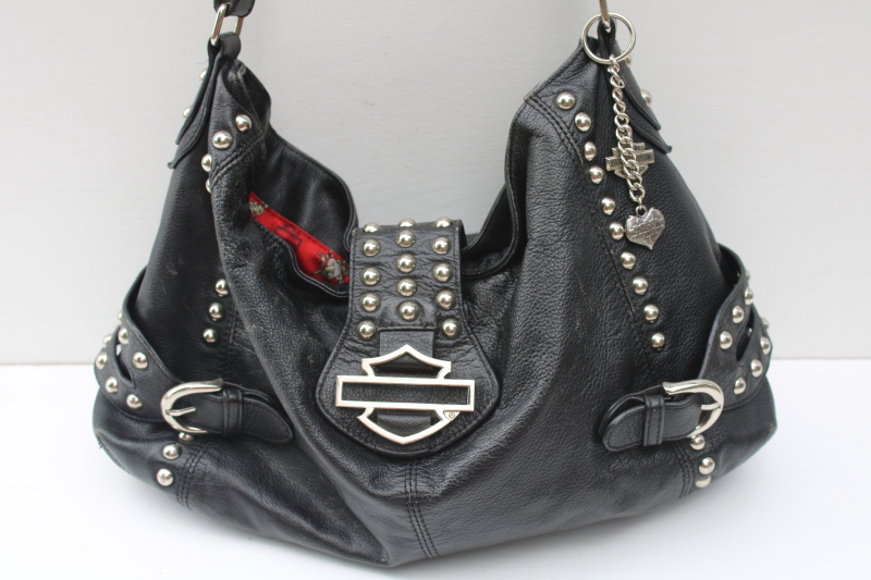 photo of Harley Davidson studded black leather purse Berlin shopper tote rider bag w/ charm  #5