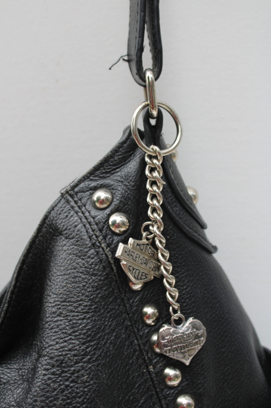 photo of Harley Davidson studded black leather purse Berlin shopper tote rider bag w/ charm  #7