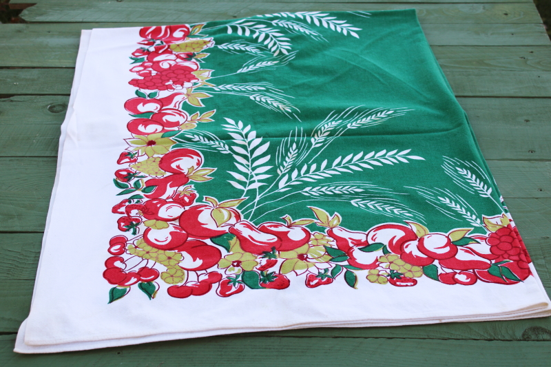 photo of Harmony House Sears 1950s vintage cotton tablecloth Startex weave fabric print in green, red, chartreuse  #1