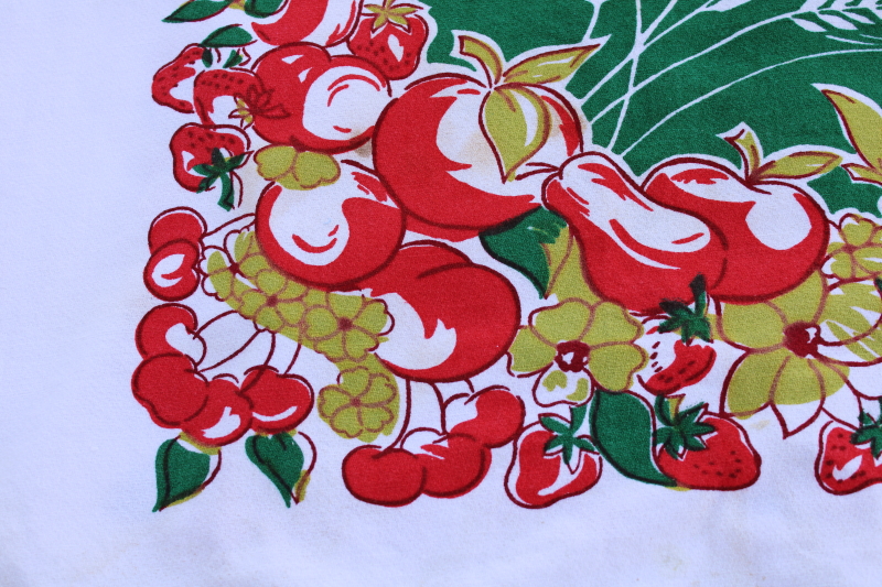 photo of Harmony House Sears 1950s vintage cotton tablecloth Startex weave fabric print in green, red, chartreuse  #2