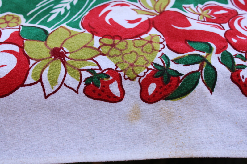 photo of Harmony House Sears 1950s vintage cotton tablecloth Startex weave fabric print in green, red, chartreuse  #5