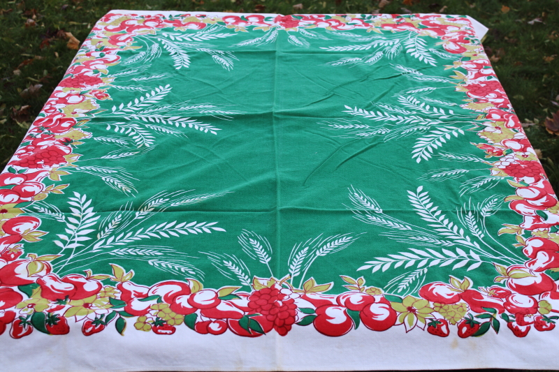 photo of Harmony House Sears 1950s vintage cotton tablecloth Startex weave fabric print in green, red, chartreuse  #6