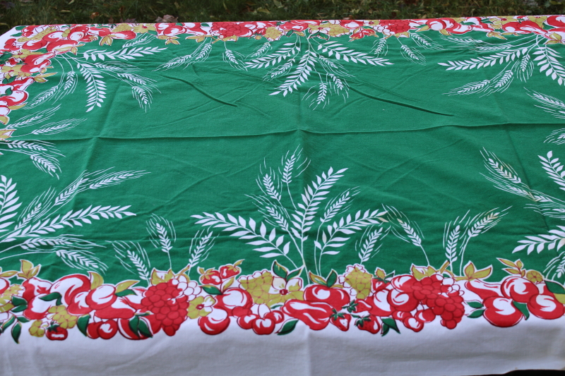 photo of Harmony House Sears 1950s vintage cotton tablecloth Startex weave fabric print in green, red, chartreuse  #7