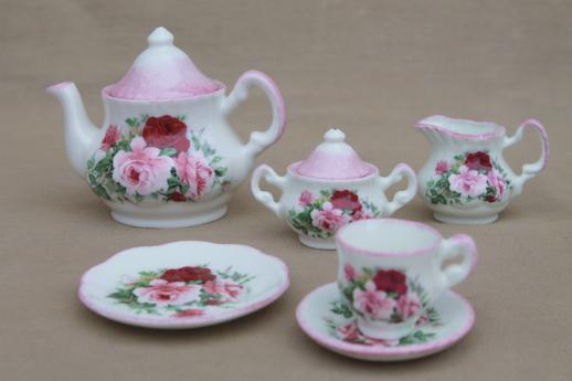 photo of Harrods English bone china doll dishes, miniature toy tea set w/ pink roses #1