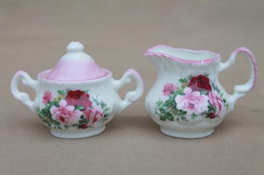 photo of Harrods English bone china doll dishes, miniature toy tea set w/ pink roses #3