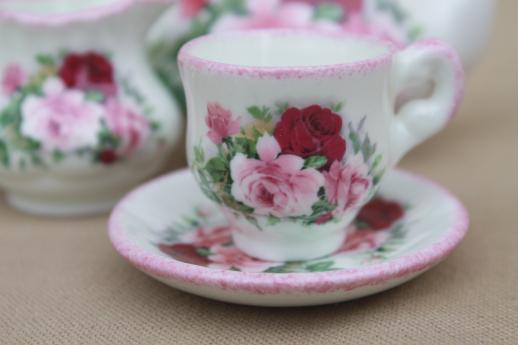 photo of Harrods English bone china doll dishes, miniature toy tea set w/ pink roses #5