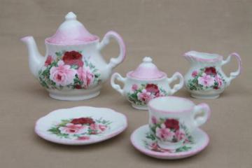 catalog photo of Harrods English bone china doll dishes, miniature toy tea set w/ pink roses