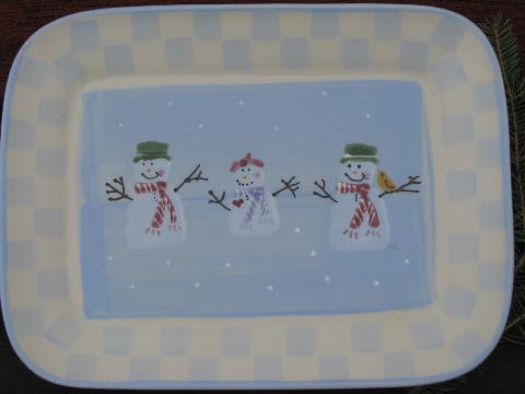 photo of Hartstone pottery Christmas platter, Snow People snowman pattern #2