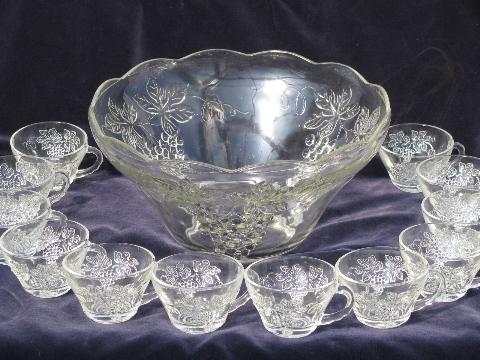 photo of Harvest grapes pattern vintage glass punch bowl set w/ 12 cups #1