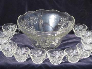 catalog photo of Harvest grapes pattern vintage glass punch bowl set w/ 12 cups