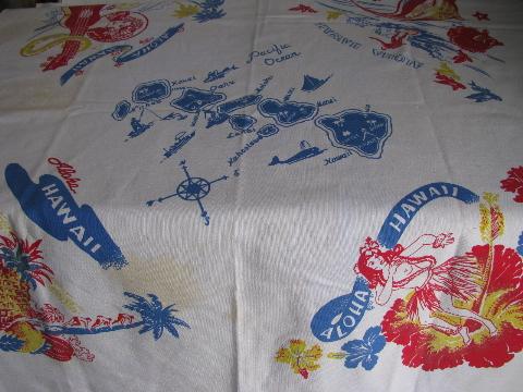 photo of Hawaii souvenir map print, vintage 1940s - 50s printed cotton kitchen tablecloth #1