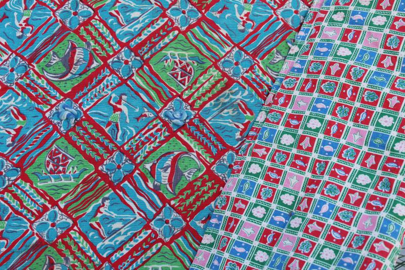 photo of Hawaiian tiki print matching cotton feed sacks, vintage feedsack fabric tied quilt for cutter #14