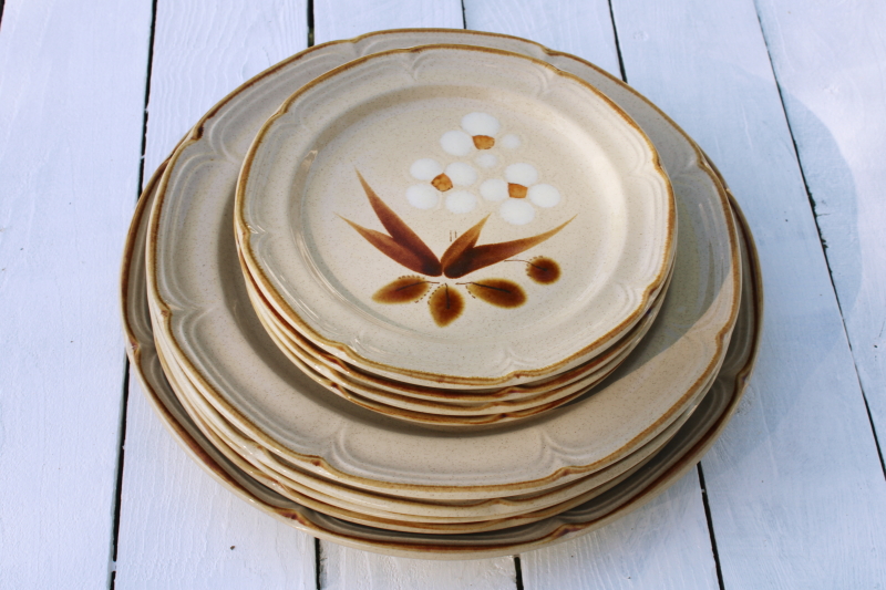 photo of Hearthside Japan stoneware plates, Castlewood neutral colors mod flowers 80s vintage dinnerware  #4