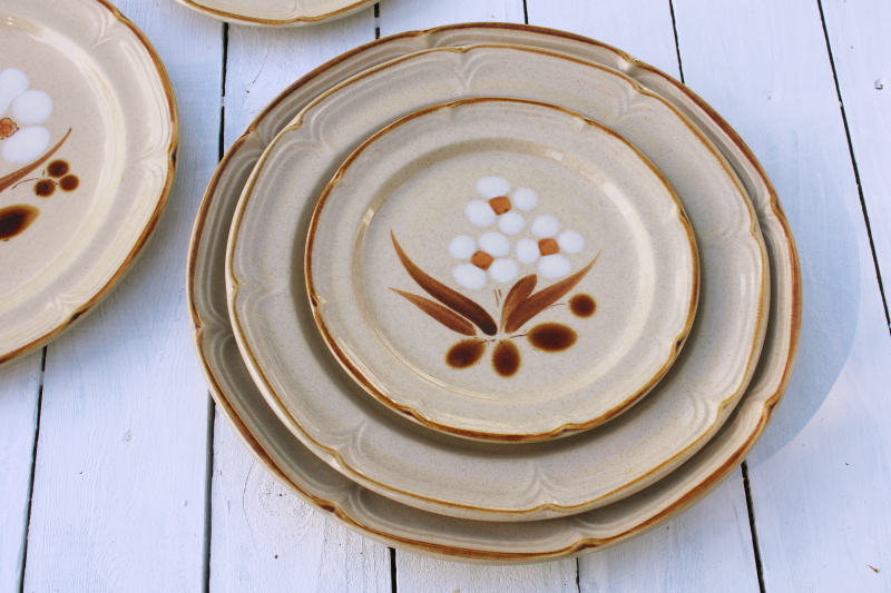 photo of Hearthside Japan stoneware plates, Castlewood neutral colors mod flowers 80s vintage dinnerware  #5