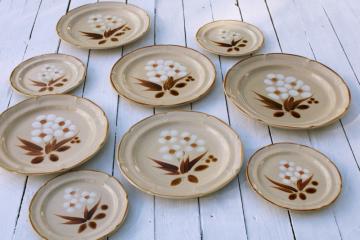 catalog photo of Hearthside Japan stoneware plates, Castlewood neutral colors mod flowers 80s vintage dinnerware 
